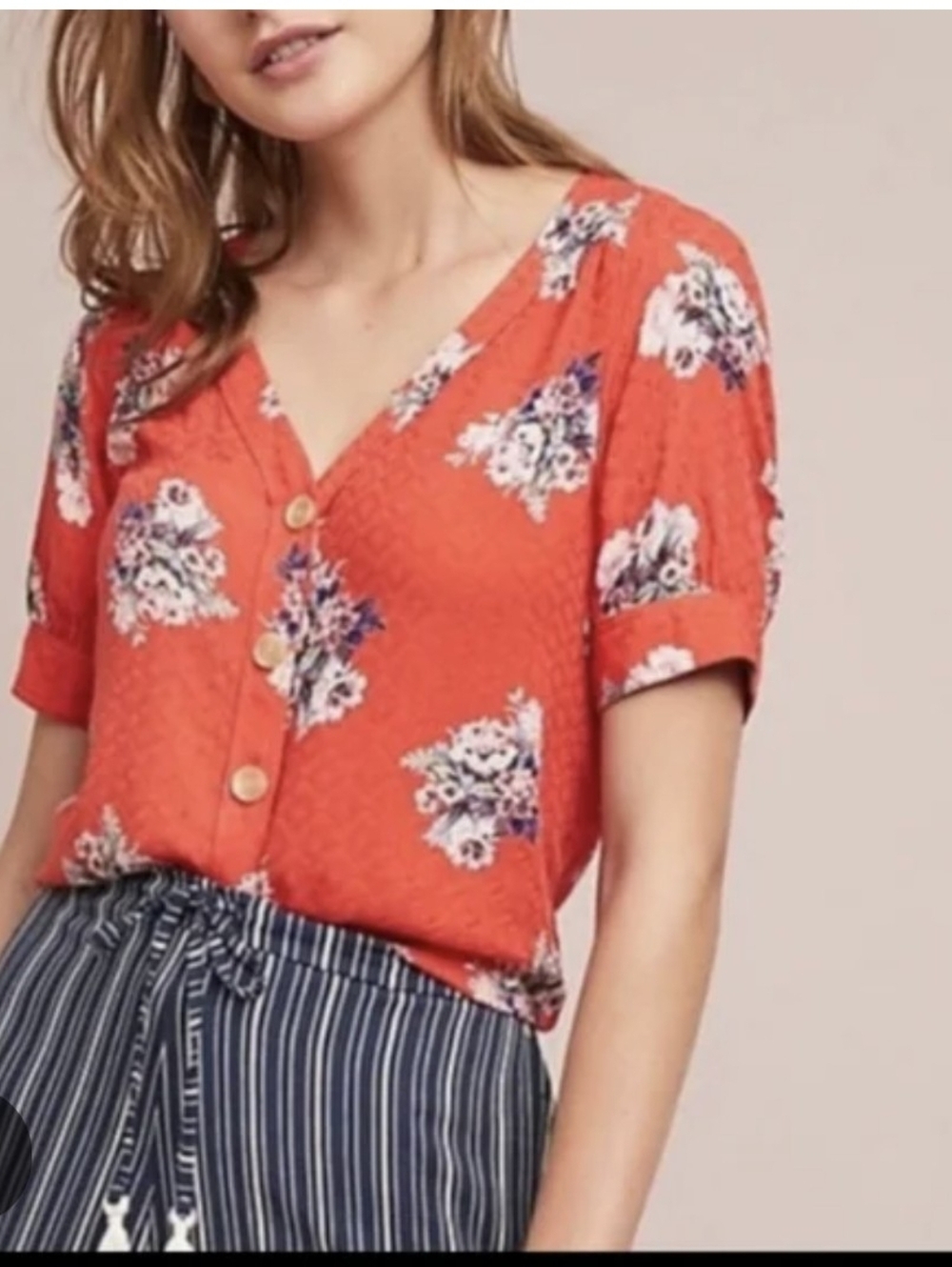 Maeve/ Anthropologie Floral Button-Front V-Neck Top - Orange/ Pink